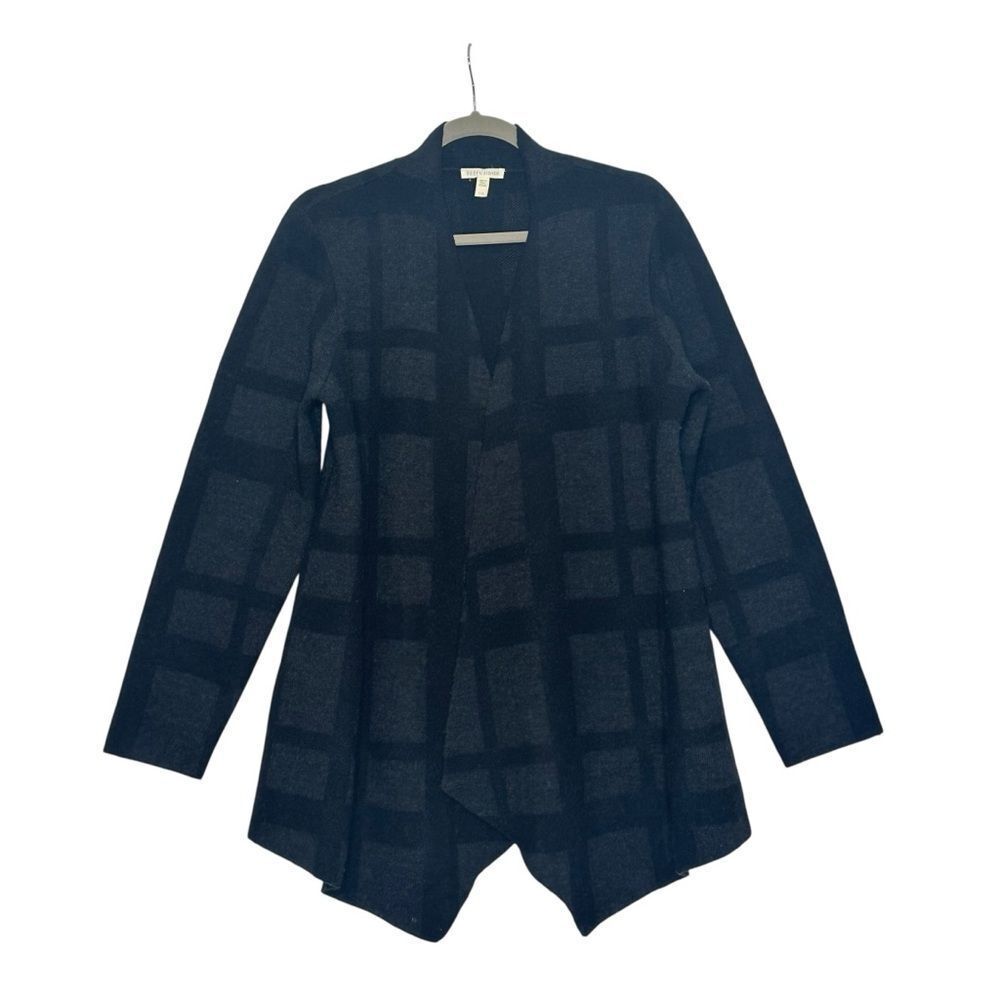 Eileen Fisher Black and Gray Open Front Merino Wool Sweater | L